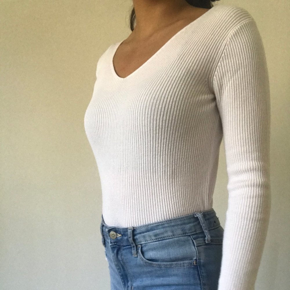 White Ribbed V-Neck Sweater